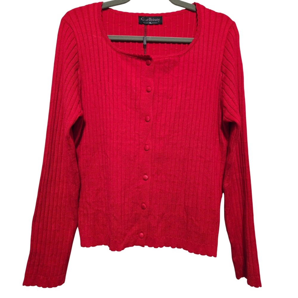 Curlbiuty Red Ribbed Cardigan Long Sleeve Scoop Neck Scalloped Hem Top XL NWT